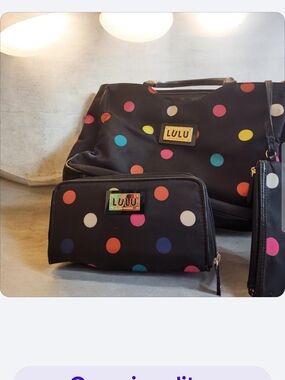 LULU Polka Dot Handbag and Zip Wallet — Black with Multicolor Dots●EUC-read Belo